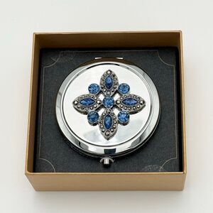 Monet Jewel Compact Mirror With Blue Rhinestone Design Silver Tone Finish NIB